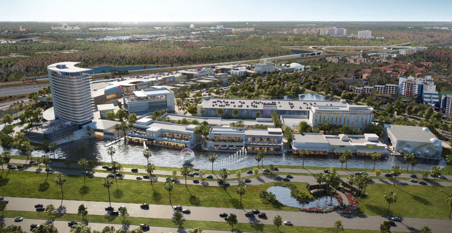 Aerial rendering of Ovation Orlando — 77-acre mixed-use destination at I-4 and US-192