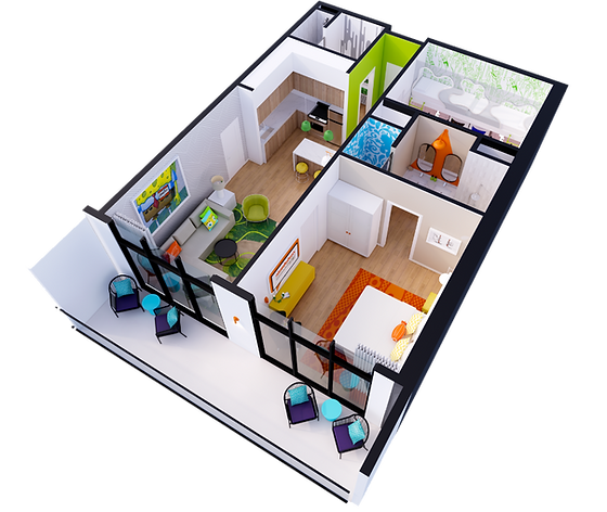 1 Bedroom + Kids Den 3D floor plan rendering