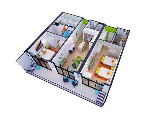 2 Bedroom Lockoff 3D floor plan rendering