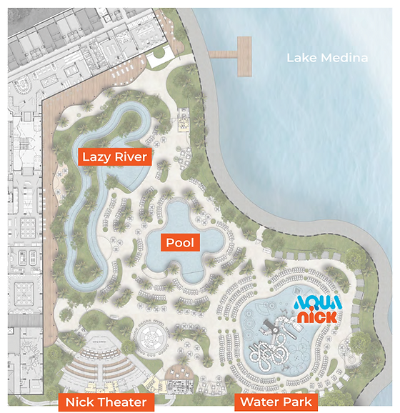 Nickelodeon Resort Orlando site plan showing Lake Medina, Lazy River, Pool, Nick Theater and Aqua Nick Water Park